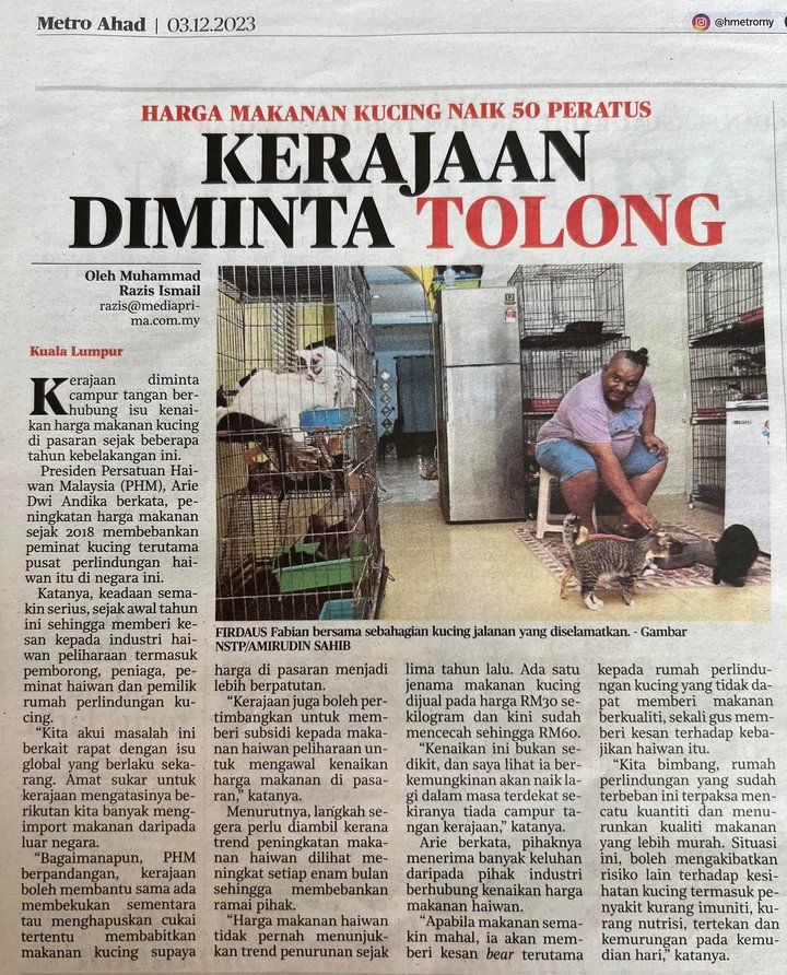 Harga Makanan Kucing Melampau Punca Pemilik Hilang..